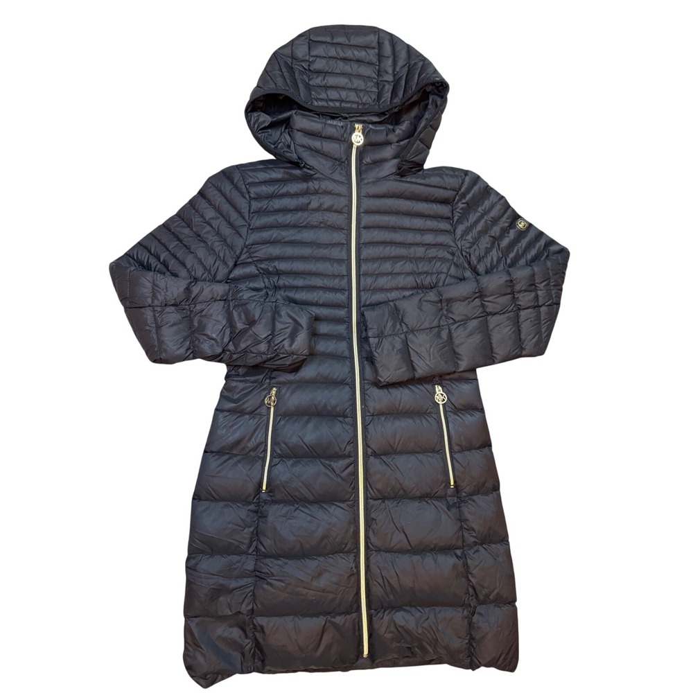 MICHAEL KORS Women Black Packable Down Fill Hooded Long Puffer Coat XS